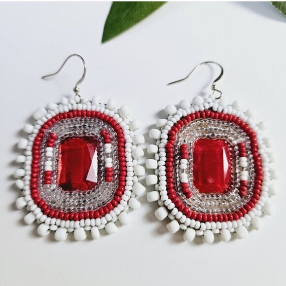 2/$27 | White + Red Beaded Bohemian Indigenous Native Hoop Earrings | Handmade - Picture 3 of 9